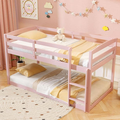 Giantex Twin Low Bunk Bed, Solid Wood Twin Over Twin Bunk Bed Frame with Full Guardrails & Integrated Ladder, Floor Twin Bunk Beds for Kids Boys and Girls, No Box Spring Needed (Pink)