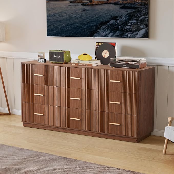 Fluted Dresser for Bedroom with 9 Drawers, 59" Wide Mid Century Modern Chest of Drawers, Wooden Dresser TV Stand, Wood Closet Clothes Storage Organizer for Living Room Hallway, Walnut