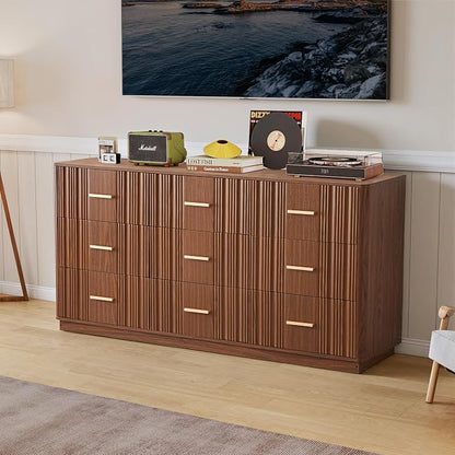 Fluted Dresser for Bedroom with 9 Drawers, 59" Wide Mid Century Modern Chest of Drawers, Wooden Dresser TV Stand, Wood Closet Clothes Storage Organizer for Living Room Hallway, Walnut