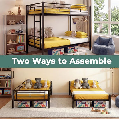 Bunk Bed Twin Over Twin, Metal Bunk Bed with Side Ladder and Safety Guardrail, Space-Saving Twin Bunk Beds for Kids, Teens & Adults, No Box Spring (Side Laddder, Black)