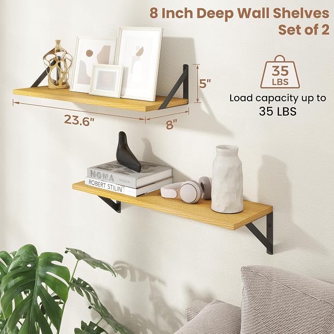 Axeman 24'' x 8'' Floating Shelves Set of 2, Rustic Oak Wall Shelves with Brackets, Engineered Wood, Includes Mounting Hardware, 35Lbs, Ideal for Books, Plants, Kitchen Utensils and Decorations