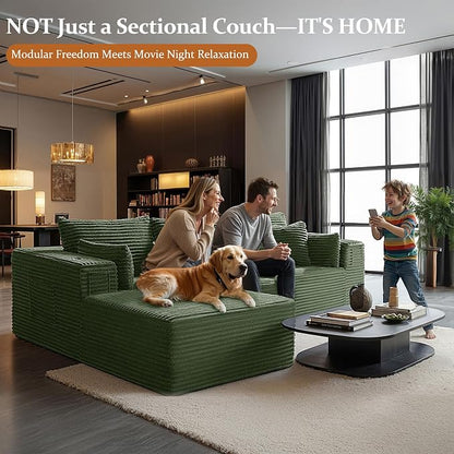 108" Cloud Sectional Couch, Comfort L Shaped Boneless Couch for Living Room, Extra Deep Seats No Assembly, Minimalist Modular Sofa, Corduroy (Olive Green, 2 Seater + Left Facing Chaise)