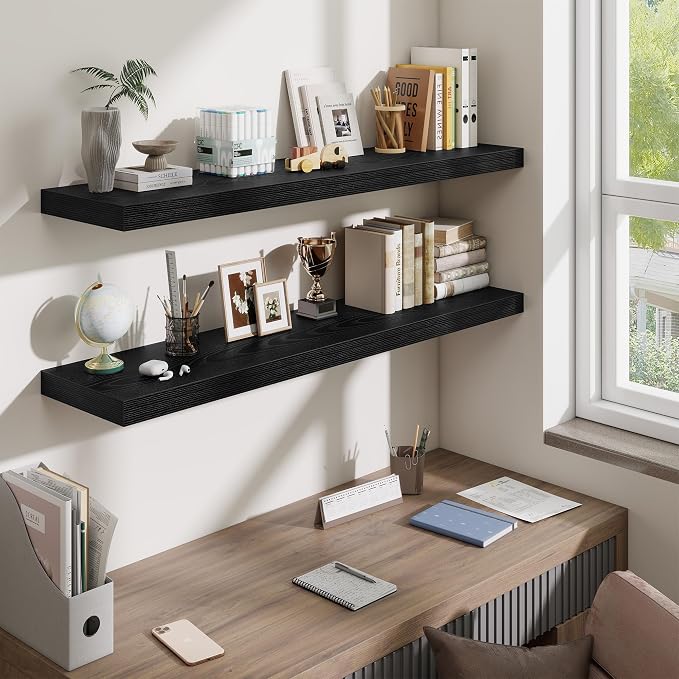 Fun Memories 10 Inch Deep Shelves, Floating Shelves for Wall 48 Inches Long, Wood Floating Shelves for Wall, Large Storage Shelves Wall Mount for Living Room Bedroom, Black, Set of 1