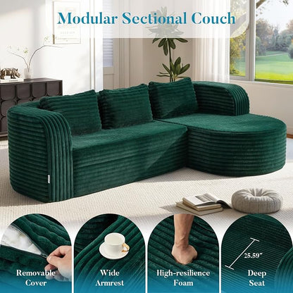 Hobestluk Modular Sectional Sofa Couches L-Shape Couch 3 Seat Modular Sofa Memory Foam Sectional Couches for Living Room, Cloud Couch (Round Green, 96", Right Hand Facing)