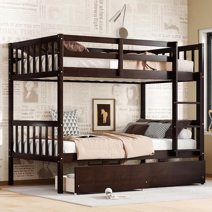 Harper & Bright Designs Twin Over Twin Bunk Bed with 2 Drawers, Convertible into 2 Twin Beds, Twin Bunk Bed with Ladder and Safety Guardrails, Espresso