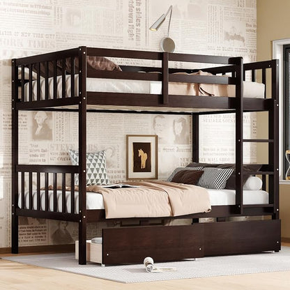 Harper & Bright Designs Twin Over Twin Bunk Bed with 2 Drawers, Convertible into 2 Twin Beds, Twin Bunk Bed with Ladder and Safety Guardrails, Espresso