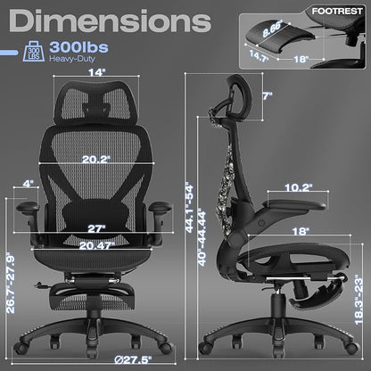 ELABEST X100 Ergonomic Mesh Office Chair with Footrest, Big and Tall Home Desk Chair with 5D Flip-Up Arms, Adjustable 3D Lumbar Support, Gaming & Executive Computer Chair, Night Reaper