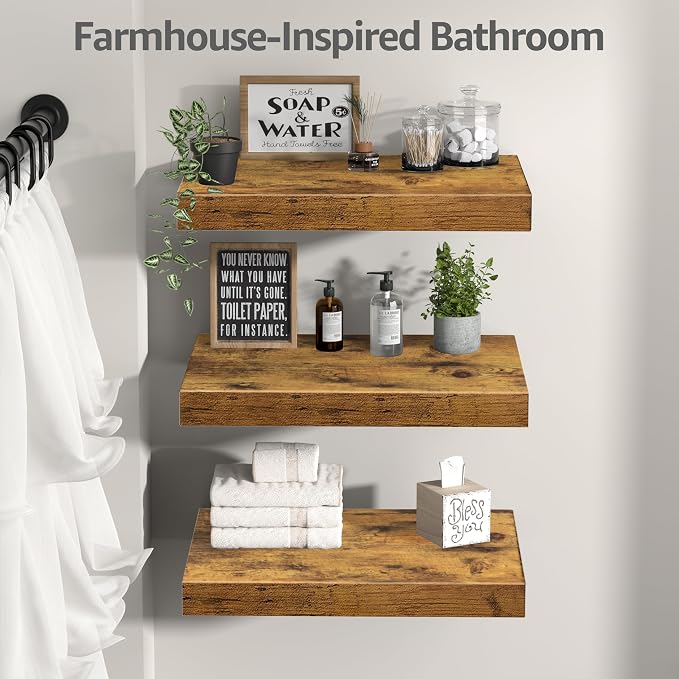 QEEIG 12" Deep Floating Shelves for Wall - 12 x 16 inch Book Shelf Bathroom Bedroom Kitchen Living Room Hanging Bookshelf Farmhouse Set of 3, Brown (026-40BN3)