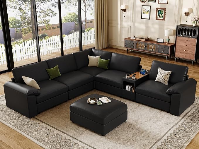 EASE MOOSE Oversized Corner Modular Sectional Sofa with Ottoman and Console,Faux Leather Sectional Sofa with Deep Seat, Scratch Resistant Faux Leather Material,Extra Large L Shaped Couch,Black