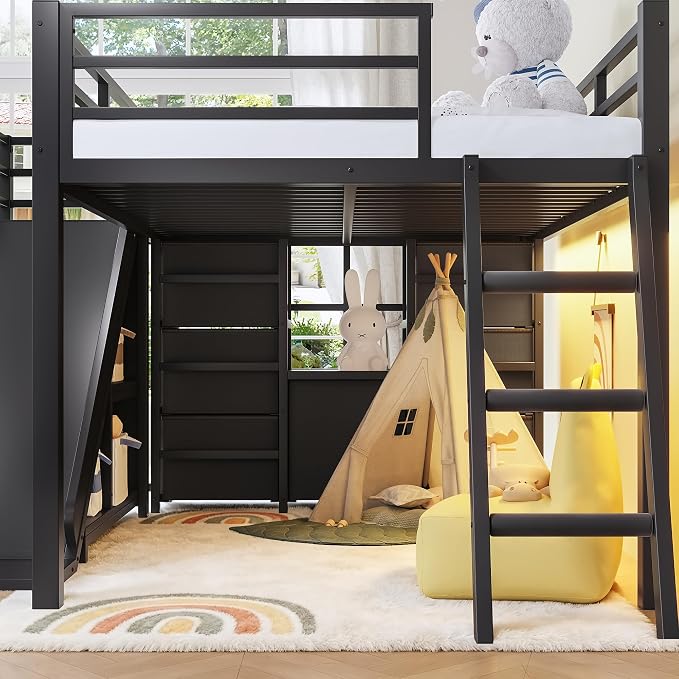 Bellemave Twin Size Loft Bed with 7 Non-Woven Fabric Drawers, Shelves and Wardrobe, Twin Loft Bed with Detachable Slide and Ladders, Low Profile Loft Beds with Lights, Noise Reduced Design Black