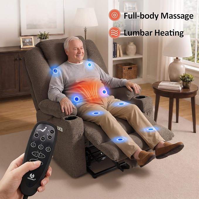 MCombo Power Lift Recliner Chair for Elderly R7045(Brown, Medium-Wide) | Heat and Massage, Breathable Fabric, USB& Type C Charging Port, FSC Certified