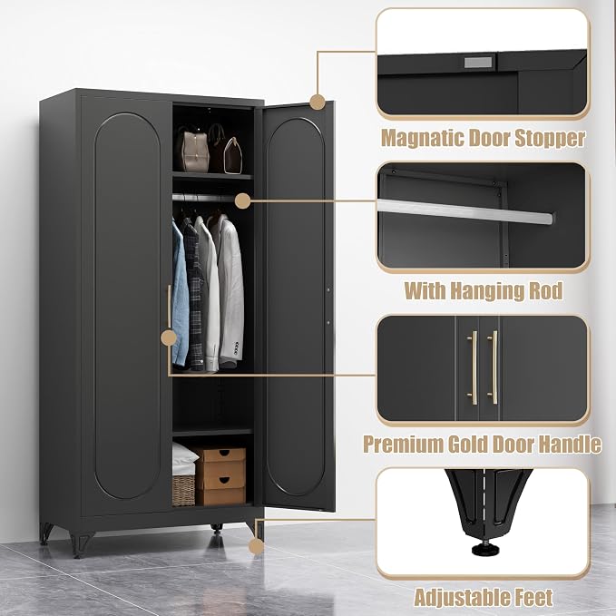 Armoire Wardrobe Closet, 71" Tall Metal Storage Cabinet with Hanging Rod and Adjustable Shelves, Clothes Wardrobe Cabinet, Black Armoires, Steel Closet for Bedroom, Bathroom, Office, School