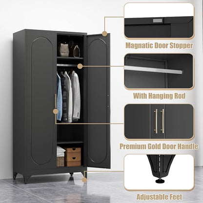 Armoire Wardrobe Closet, 71" Tall Metal Storage Cabinet with Hanging Rod and Adjustable Shelves, Clothes Wardrobe Cabinet, Black Armoires, Steel Closet for Bedroom, Bathroom, Office, School