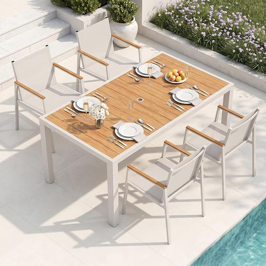 Outdoor Dining Set for 4, Aluminum Patio Table and Chairs Set, 5-Piece All Weather Patio Dining Furniture Set with Umbrella Hole for Backyard, Deck, Poolside (White-Teak)