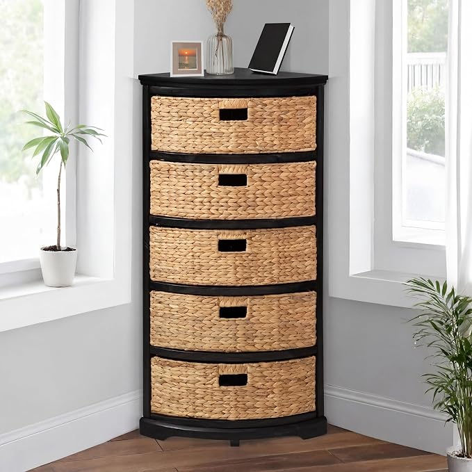 eHemco Hampton Meadows 5 Tier X-Side Corner Storage Cabinet, Black | 5 Wicker Baskets