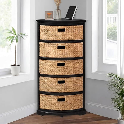 eHemco Hampton Meadows 5 Tier X-Side Corner Storage Cabinet, Black | 5 Wicker Baskets