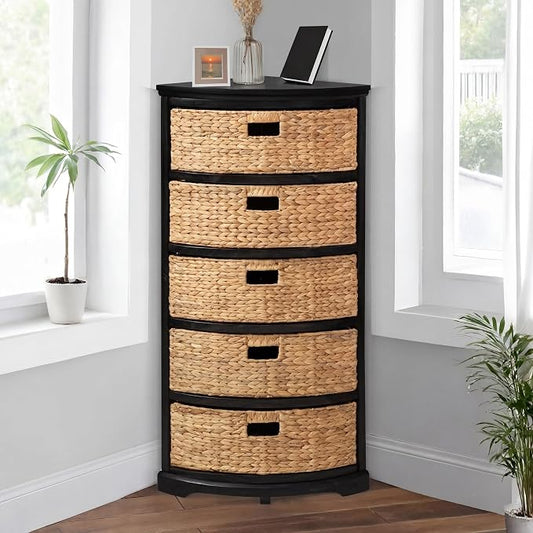 eHemco Hampton Meadows 5 Tier X-Side Corner Storage Cabinet, Black | 5 Wicker Baskets