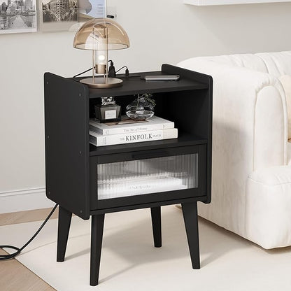 MMEOLUOOK Nightstand with Charging Station, Bedside Tables, End Table Side Table with 2 Tiers Storage Space, for Bedroom, Living Room, Black CAMLBZ07BE