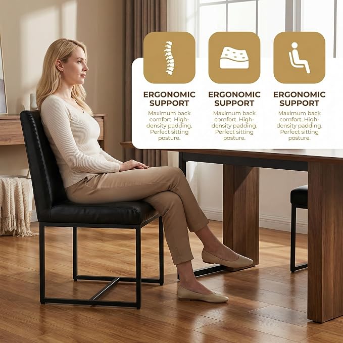 HNY Modern Dining Chairs Set of 4, Upholstered Leather Dining Room Chairs with Ergonomic Back & Metal Frame for Home, Kitchen, Apartment, Black