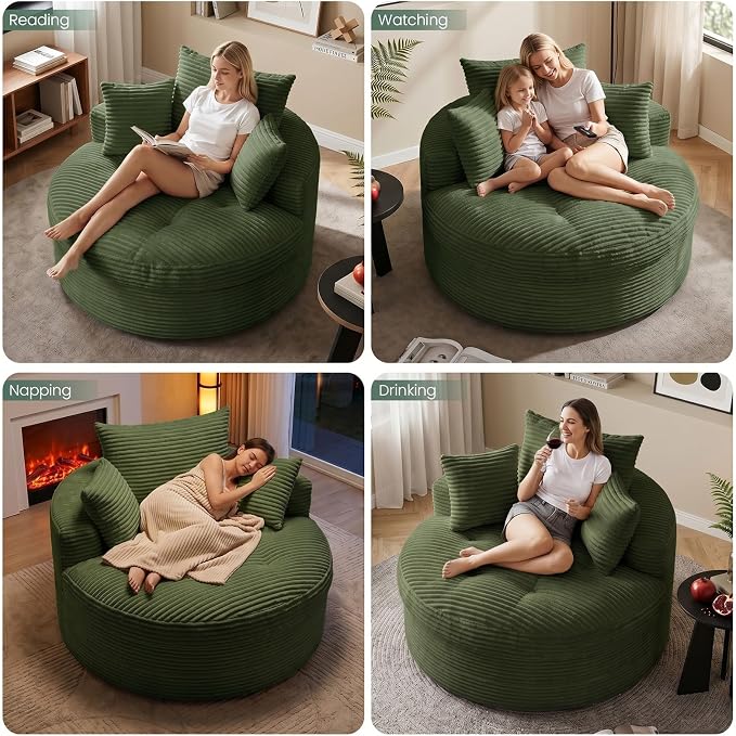 Oversized Round Chaise Lounge Chair, Deep Seat Cloud Boneless Floor Sofa Couch, Upholstered Corduroy Sleeper with 3 Pillows & Optional Ottoman, No Assembly Modern Lazy Floor Lounger for Living Room