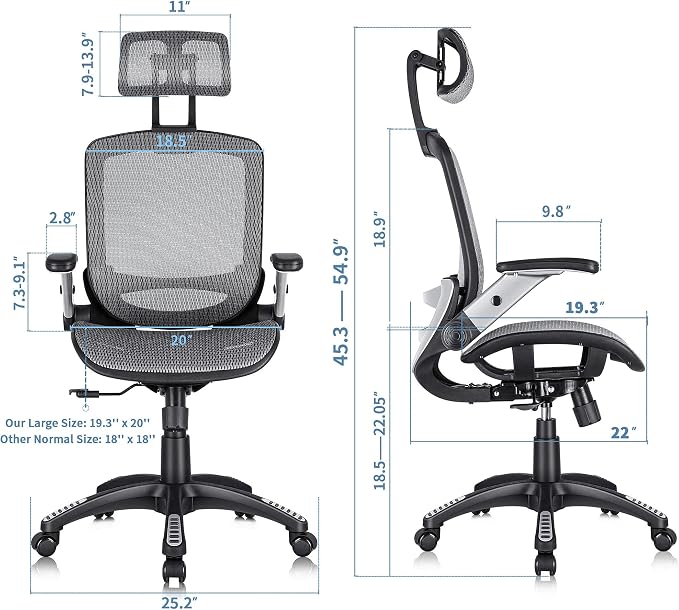 GABRYLLY Ergonomic Office Chair, High Back Home Desk Chair with Headrest, Flip-Up Arms, 90-120° Tilt Lock and Wide Cushion, Big and Tall Mesh Chairs for Man Woman, Grey Task Chair