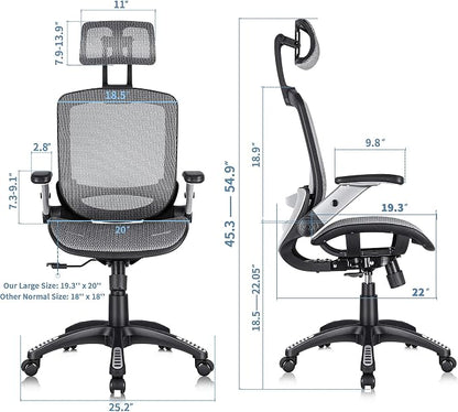 GABRYLLY Ergonomic Office Chair, High Back Home Desk Chair with Headrest, Flip-Up Arms, 90-120° Tilt Lock and Wide Cushion, Big and Tall Mesh Chairs for Man Woman, Grey Task Chair