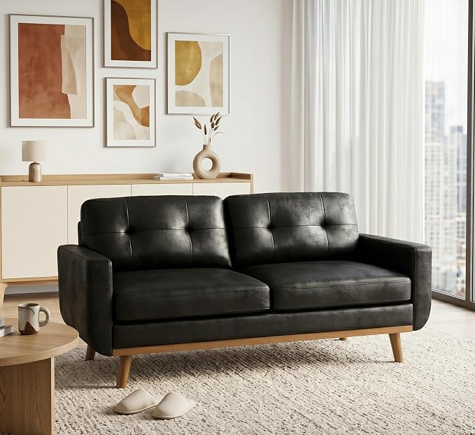 Ball & Cast 65" Loveseat Sofa,Mid Century Modern Love Seat Couches for Living Room,Button Tufted Upholstered Small Couch with Solid Wood Legs for Bedroom,Apartment,Office,Fabric,Black