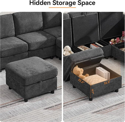 104'' V Shaped Modular Sofa, Sectional Couch with Storage for Living Room, Modern 7 Seater Cloud Sectional Couch with Movable Ottoman, Chenille Dark Grey