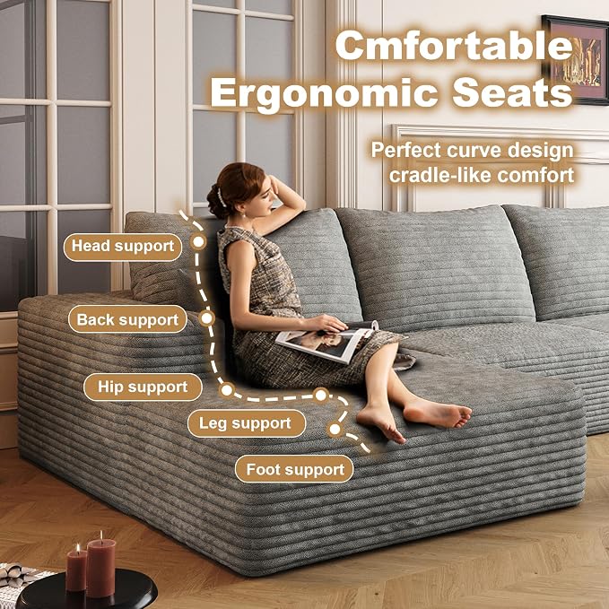 AUGOP 136" Sectional Couches for Living Room Modern Modular Sofa with L-Shape Couchs Upholstered Boneless Couch Deep Seat Sectional Couch with Chaise (Grey, Left Facing Chaise+3Seaters+Ottoman)