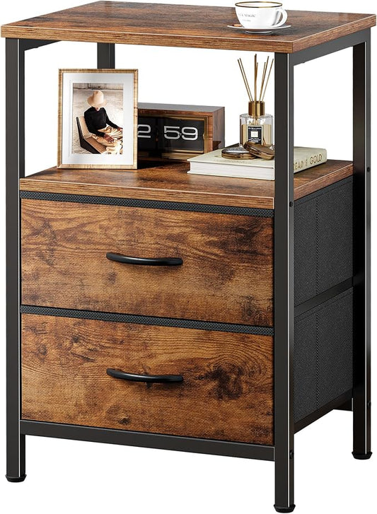 Huuger Night Stand with 2 Drawers, Bed Side Table with Open Shelf, Wooden Top, Nightstand for Bedroom, End Table for Small Space, Fabric Drawer, Rustic Brown
