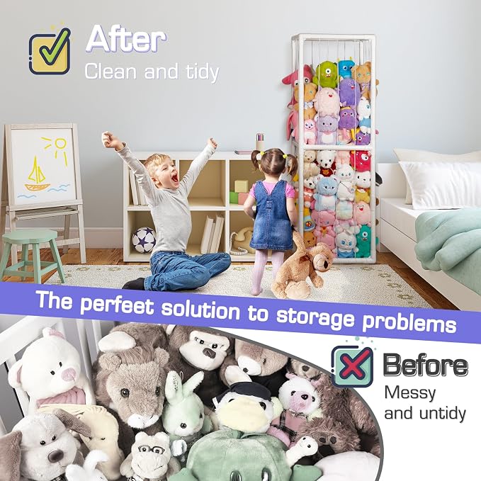 Stuffed Animal Storage Zoo Holder Space Save, PVC Stuffed Animal Organizer | Vertical Plush Toy Organizer with Elastic Band and Net, Large Capacity Stuffy Storage for Playroom Bedroom Nursery