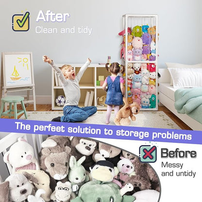 Stuffed Animal Storage Zoo Holder Space Save, PVC Stuffed Animal Organizer | Vertical Plush Toy Organizer with Elastic Band and Net, Large Capacity Stuffy Storage for Playroom Bedroom Nursery