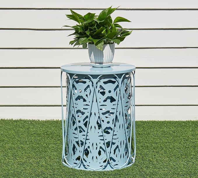 HFHOME Set of 3 Metal Outdoor Side Table, Nesting Round Coffee Table for Indoor Outdoor, Heavy Duty End Tables Plant Stand Living Room Garden Stool - Blue