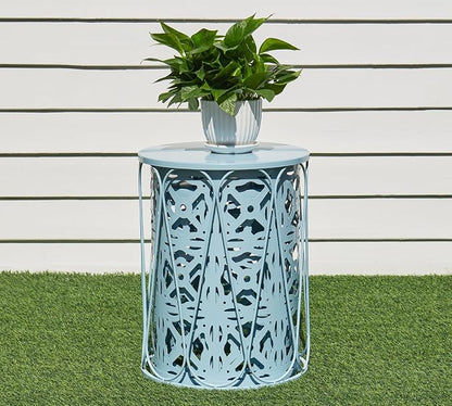 HFHOME Set of 3 Metal Outdoor Side Table, Nesting Round Coffee Table for Indoor Outdoor, Heavy Duty End Tables Plant Stand Living Room Garden Stool - Blue