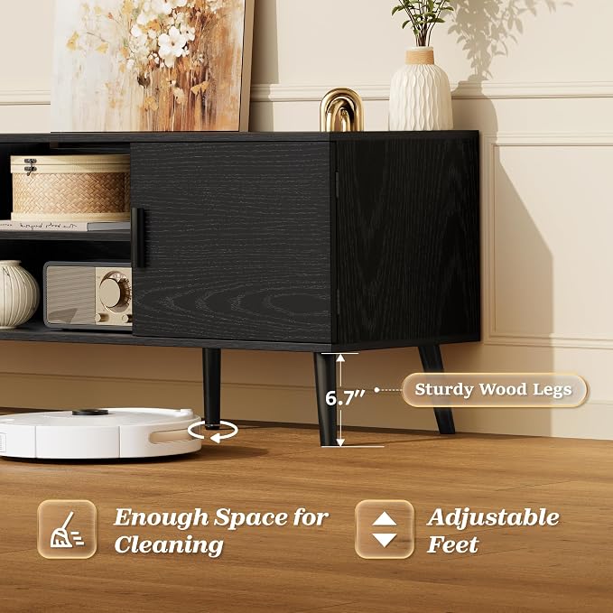 SUPERJARE TV Stand for 55 Inch TV, Entertainment Center with Adjustable Shelf, 2 Cabinets, TV Console Table, Media Console, Solid Wood Feet, Cord Holes, for Living Room, Bedroom, Black