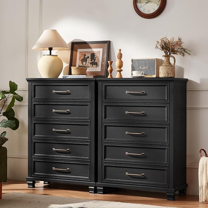 SAVOR LIFE Farmhouse Chest of Drawers for Bedroom, 45” Tall Dresser for Closet, Rustic Wood Dressers for Bedroom, Hallway, Entryway, Black
