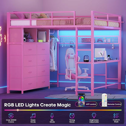 ADORNEVE Loft Bed Full Size with Desk and 8 Storage Drawers, LED Metal Loft Bed with Power Outlet, 2 Shelves & Clothing Rack, Bed with Safety Guardrail & Ladder,Space-Saving, Pink