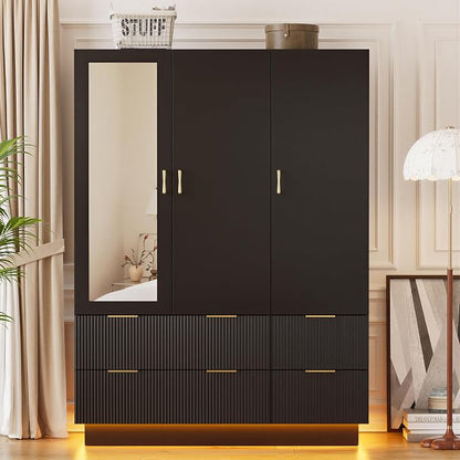 PAKASEPT Large Wardrobe Closet, 3 Door Armoire Closet | Mirror and LED Lights, Hanging Rod, Drawers, Armoires and Wardrobes for Bedroom