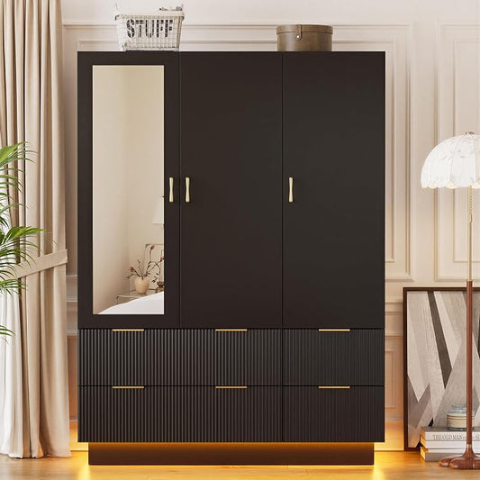 PAKASEPT Large Wardrobe Closet, 3 Door Armoire Closet | Mirror and LED Lights, Hanging Rod, Drawers, Armoires and Wardrobes for Bedroom