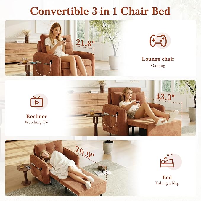 ERYE Modern Foldable Chair Sofa Convertible Pull Out Sleeper Sofabed,Single Seat Tufted Upholstered Sofa Convertible Chaise Lounge Bed with USB-Ports and Side Pockets