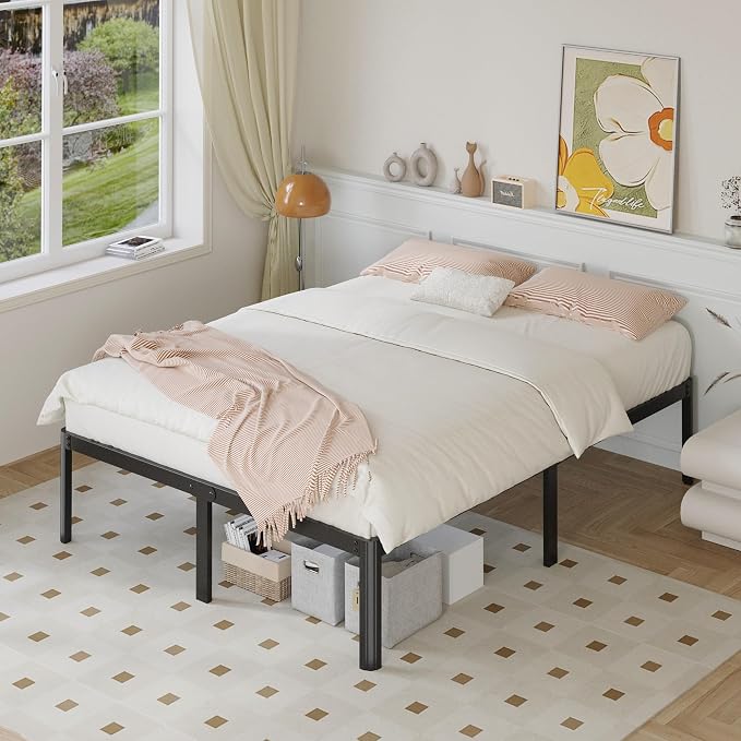 Yicensen 14 Inch Full XL Bed Frame No Box Spring Needed Heavy Duty Metal Full XL Platform Bed Frame with Rounded Corner Legs, Easy Assembly, Noise Free, Black