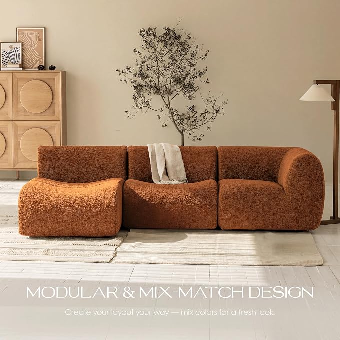106" Curved Sectional Sofa with Chaise, Boneless 3 Seater Modular Couch, Reversible L-Shaped Couches with High-Density Foam, Modern Lounge Comfort Sherpa Sofas for Living Room – No Assembly, Brown