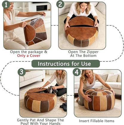 Thgonwid Unstuffed Moroccan Storage Pouf Foot Stool Ottoman Seat Handmade Faux Leather Bean Bag Floor Chair Foot Rest for Living Room, Bedroom or Balcony (Multi Color)