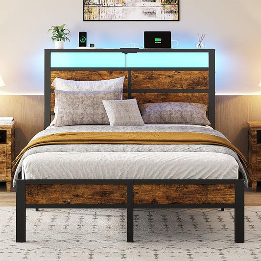 Liians Full Size Bed Frame, Full Bed with Charging Station Headboard and LED Lights, Platform Bed with Metal Slats, No Box Spring Needed, Noise Free, Easy Assembly