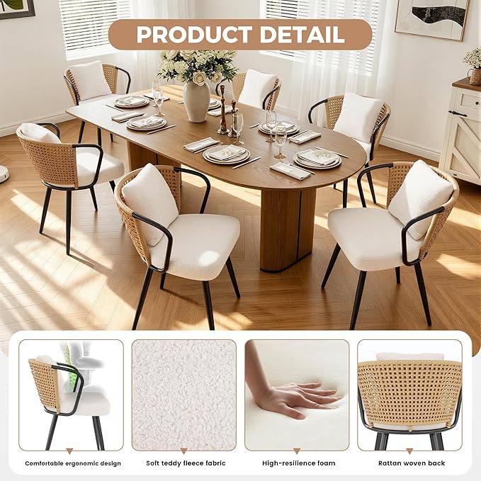 Rattan Dining Chairs Set of 4, Modern Upholstered Kitchen Chair with Metal Legs, Ergonomic Curved Backrest, Mid Century Living Room Chairs with Throw Pillow, Natural