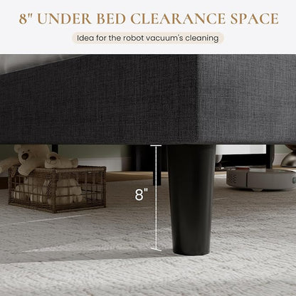 SHA CERLIN Queen Platform Bed Frame with Charging Station, Linen Wingback Headboard with Storage Shelf, Wooden Slats Support, Ample Under-Bed Space, No Box Spring Needed, Easy Assembly, Dark Grey