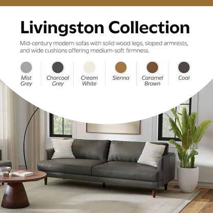 SIMPLIHOME Livingston 76" Wide x 33" High Sofa in Coal Top Grain Genuine Leather, Mid-Century Modern Loveseat for Living Room, Compact 2-Seater with Feather-Wrapped Cushions and Solid Wood Frame
