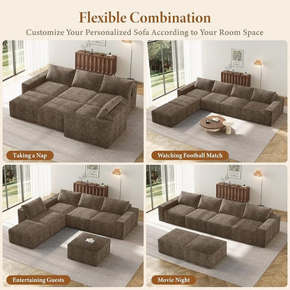 Vesgantti 145.6" Modular Boneless Couch, Modern U Shaped 6 Seater Sectional Sofa with 2 Ottoman & Deep Seat, Convertible Chenille Cloud Couches for Living Room, No Assembly Required, Dark Brown
