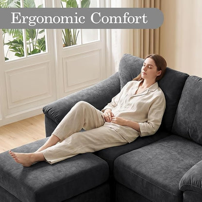 L Shaped Boneless Couch, Modern Loveseat Sofa with Ottoman, Floor Cloud Couch Sets with Extra Comfy Soft Deep Seats for Living Room, Apartment, No Assemby, Dark Gray