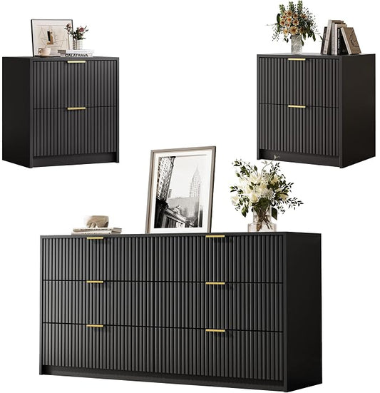 MAISONARIA 3-Piece Dresser Bedroom Set, 6 Drawer Dresser & 2 Drawer Nightstands with Gold Handles, Fluted Wood Chest of Drawers for Bedroom, Living Room, Entryway, Black
